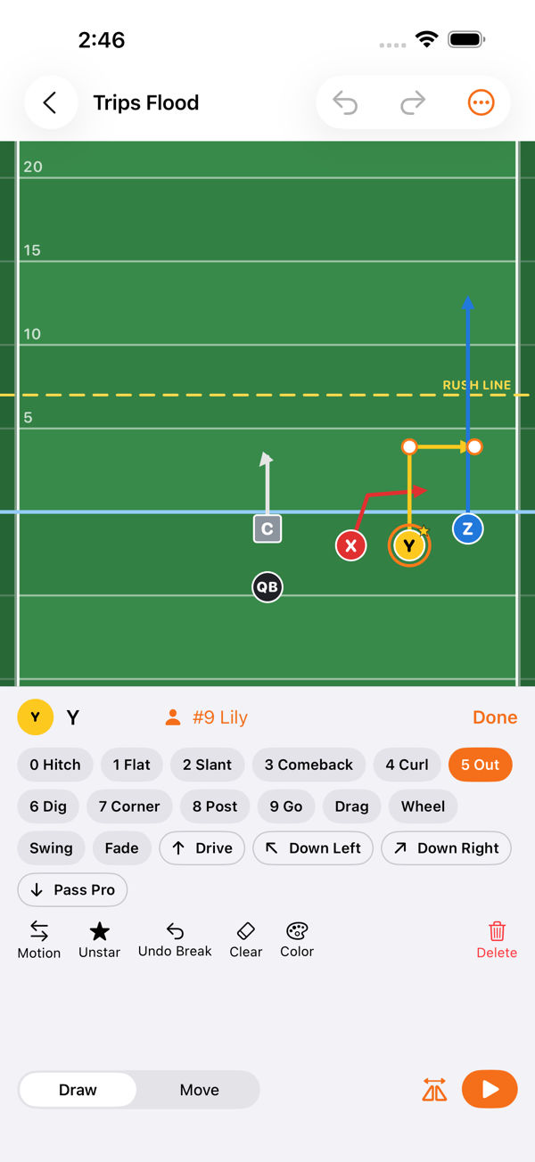 The play editor: a 5v5 flag play on a turf field with the route tree buttons (hitch, flat, slant, out, post, go) below.