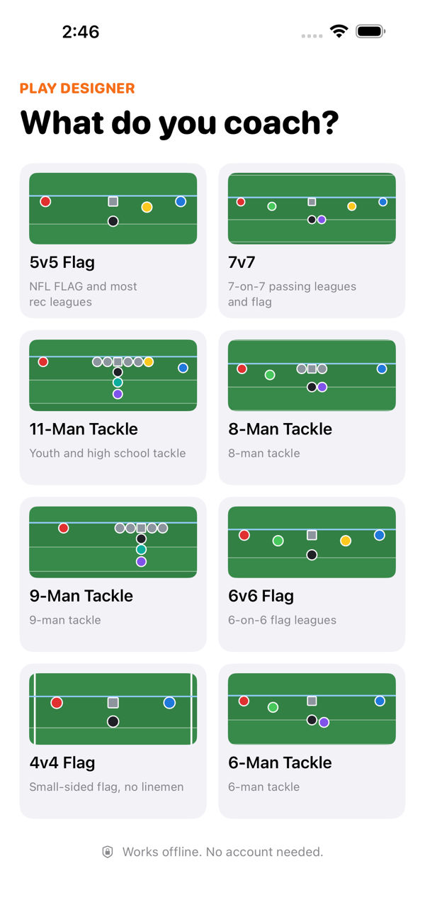 The format picker in Play Designer: 5v5 Flag, 7v7, 11-Man Tackle, 8-Man Tackle, 9-Man Tackle, 6v6 Flag, 4v4 Flag and 6-Man Tackle.