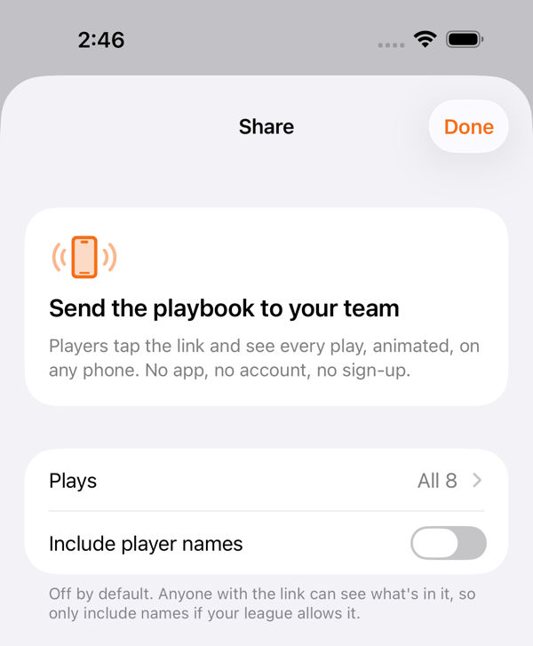 The share screen: send the playbook to your team with Send Link, Copy Link or Preview in Safari. Player names are off by default.