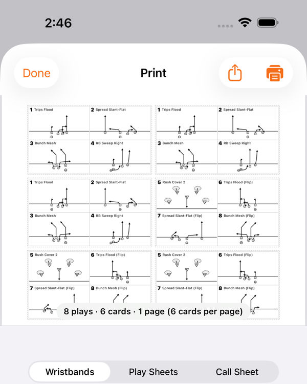 The print screen showing a sheet of wristband cards with four numbered plays per card, and tabs for Wristbands, Play Sheets and Call Sheet.